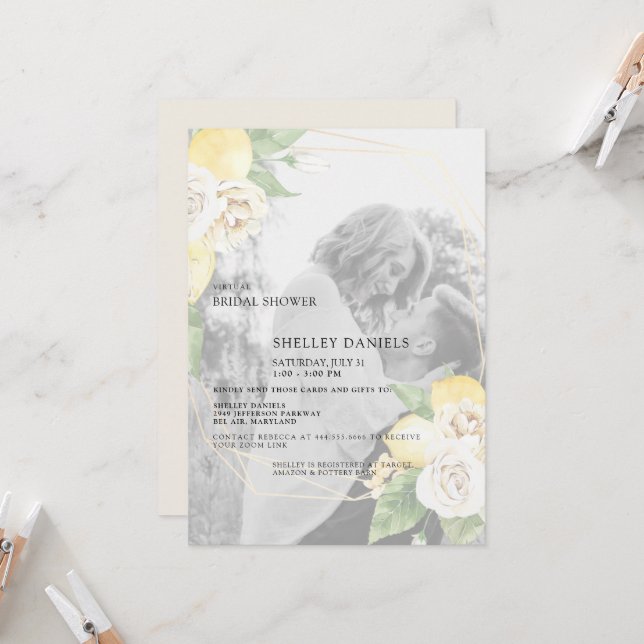 Modern Muted Photo Lemons Virtual Bridal Shower  Invitation (Front/Back In Situ)