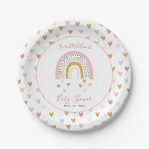 Modern Muted Rainbow Baby Shower Sprinkle Hearts Paper Plate