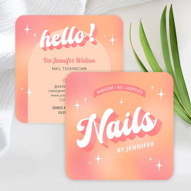 Modern Nail Artist Manicure Groovy Trendy Peach Square Business Card (Trendy nails business cards with groovy fonts and girly peach colors)
