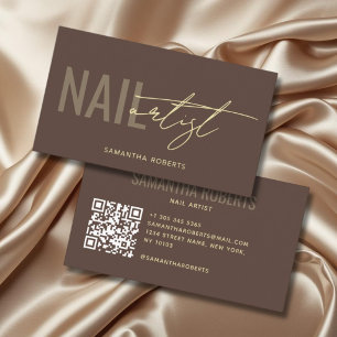Modern nail artist QR Code brown Business Card