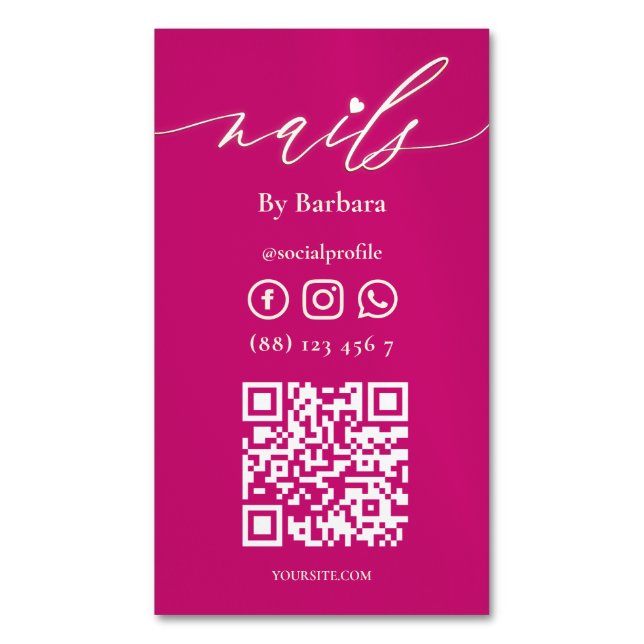 Modern Nail Beauty Salon Hot Pink QR Magnetic Business Card (Front Vertical)