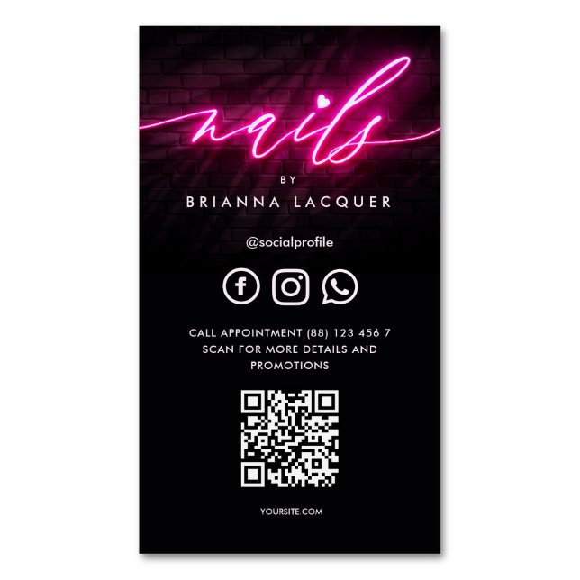 Modern Nail Beauty Salon Nail Artist Hot Pink QR Magnetic Business Card (Front Vertical)