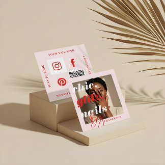 Modern Nail Salon Business Photo Social & QR Code Square Business Card
