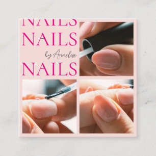 Modern Nails Blush Pink Black Script 3 Photo Salon Square Business Card