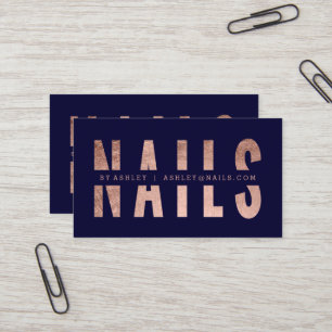 Modern nails cut out rose gold typography navy business card