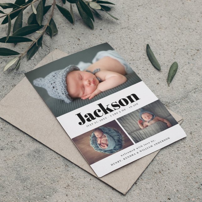 Modern Name 3 Photo Collage Birth Announcement (Creator Uploaded)