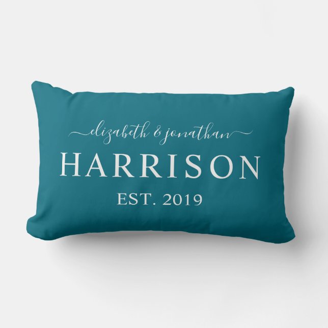 Modern Name and Year Established Dark Teal Lumbar Cushion (Front)