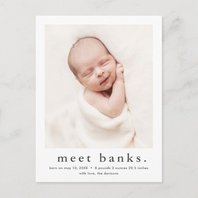 Modern Name Baby Photo Birth Announcement Postcard (Front)