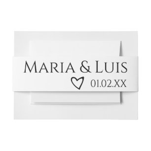 Modern Name Black White Heart Wedding  Invitation Belly Band