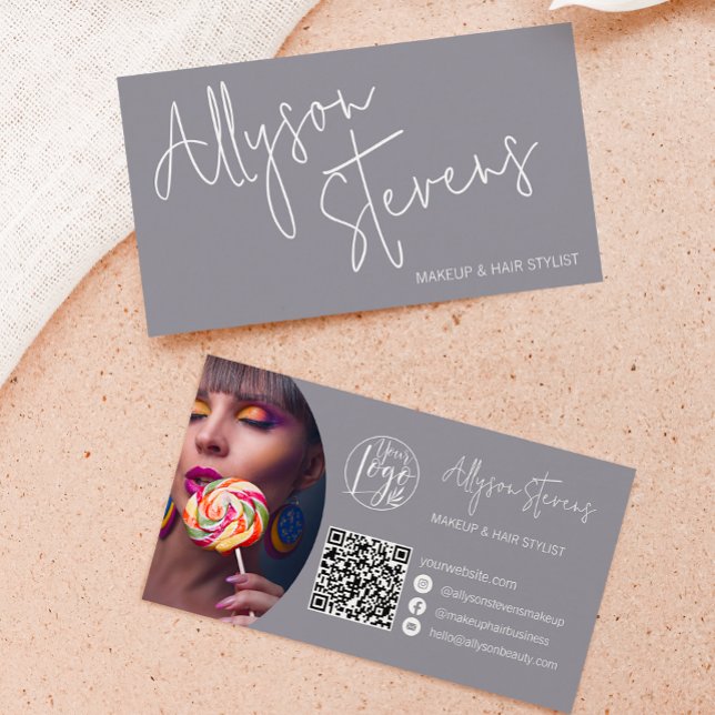 Modern name bold script makeup hair logo qr blue business card (Creator Uploaded)