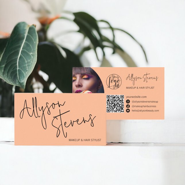 Modern name bold script makeup hair logo qr peach business card (Modern name bold script makeup hair logo qr peach business card)