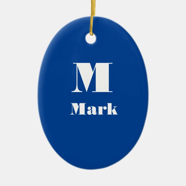 Modern Name Initial Solid Colour Navy Blue Ceramic Tree Decoration (Front)