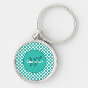 Modern Name Initial Turquoise White Polka Dots Key Ring