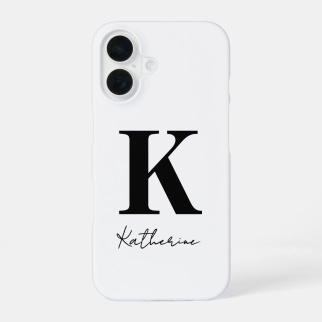 Modern Name Initial White Black Personalise iPhone 16 Case (Back)