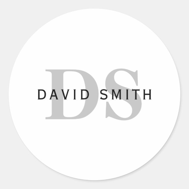 Modern Name & Monogram | Black White & Grey Classic Round Sticker (Front)