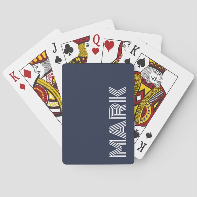 Modern Name Monogram Dark Blue White Stripes Playing Cards (Back)