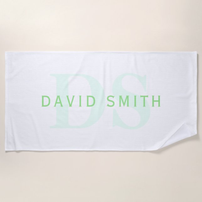 Modern Name & Monogram | Green & White Beach Towel (Front)