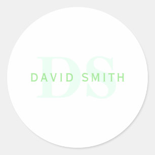 Modern Name & Monogram   Green & White Classic Round Sticker