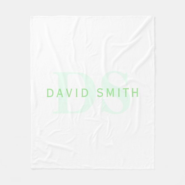Modern Name & Monogram | Green & White Fleece Blanket (Front)