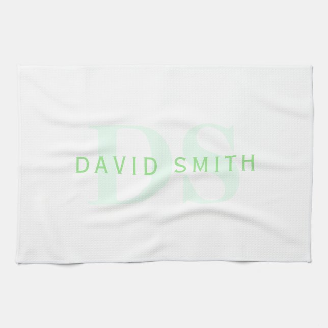 Modern Name & Monogram | Green & White Tea Towel (Horizontal)