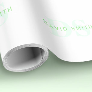 Modern Name & Monogram Green & White Wrapping Paper