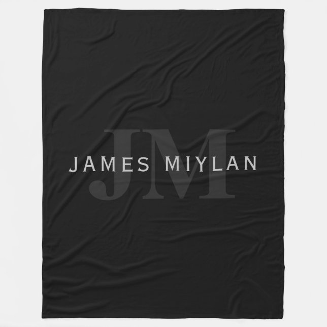 Modern Name & Monogram | Grey & Black Fleece Blanket (Front)