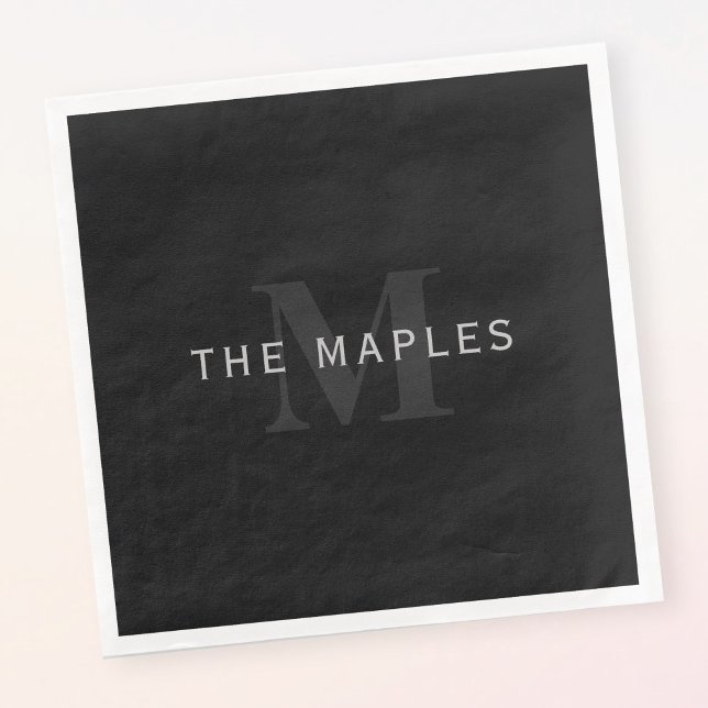Modern Name & Monogram | Grey & Black Napkin (Creator Uploaded)