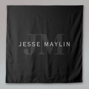 Modern Name & Monogram   Grey & Black Tapestry