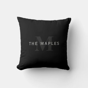 Modern Name & Monogram   Grey & Black Throw Pillow