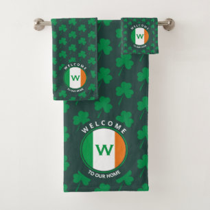 Modern Name Monogram Irish Flag Shamrock Bath Towel Set