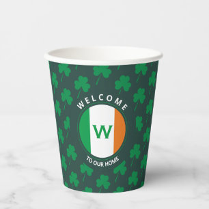 Modern Name Monogram Irish Flag Shamrock Paper Cups