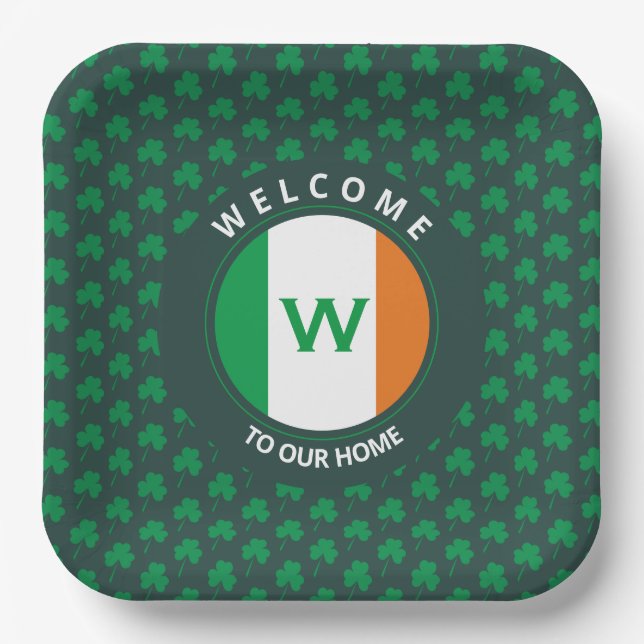 Modern Name Monogram Irish Flag Shamrock Paper Plate (Front)