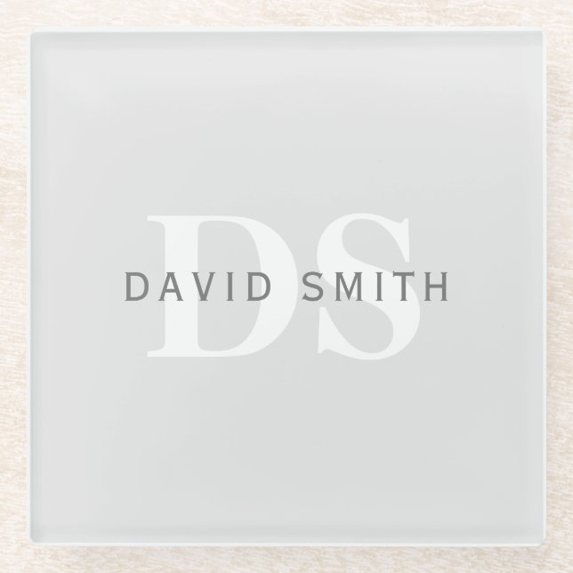 Modern Name & Monogram | Light & Dark Grey White Glass Coaster (Front)