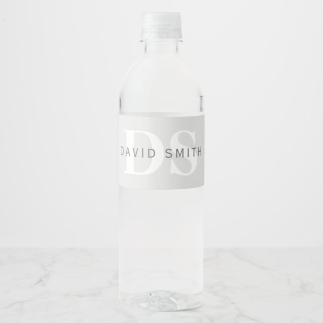 Modern Name & Monogram | Light & Dark Grey White Water Bottle Label (Front)