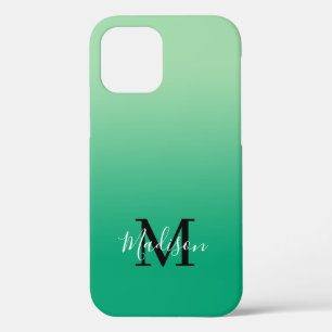 Modern Name Monogram Light to Dark Green Gradient iPhone 12 Case