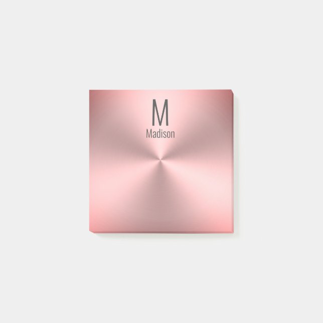 Modern Name & Monogram on Pink Brushed Metal Look Post-it Notes (Front)