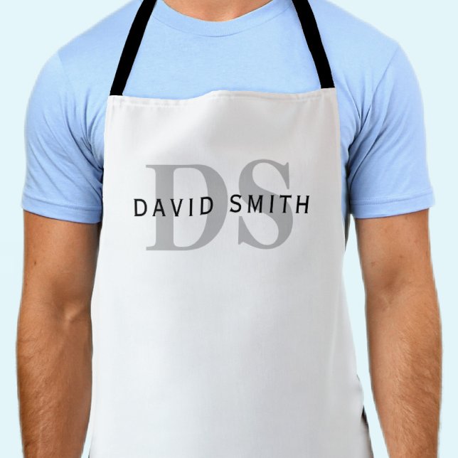 Modern Name & Monogram | White Black & Grey Apron (Creator Uploaded)