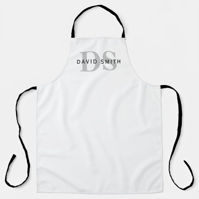 Modern Name & Monogram | White Black & Grey Apron (Front)