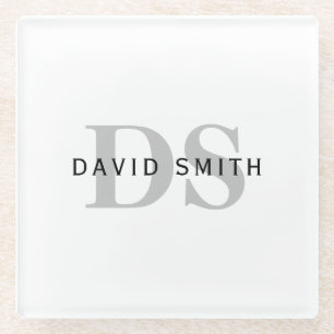 Modern Name & Monogram   White Black & Grey Glass Coaster