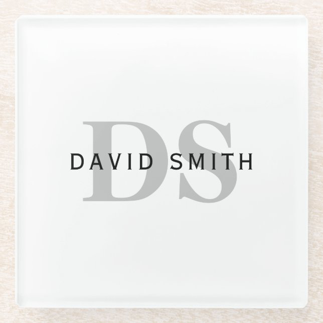 Modern Name & Monogram | White Black & Grey Glass Coaster (Front)