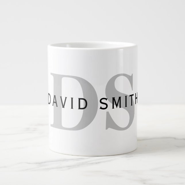 Modern Name & Monogram | White Black & Grey Large Coffee Mug (Front)