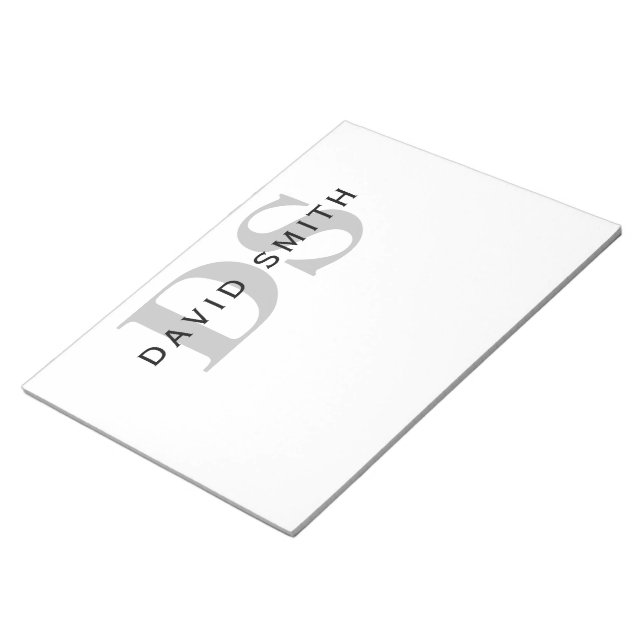 Modern Name & Monogram | White Black & Grey Notepad (Angled)