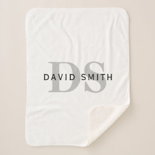 Modern Name & Monogram   White Black & Grey Sherpa Blanket