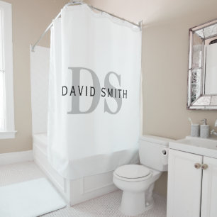 Modern Name & Monogram White Black & Grey Shower Curtain