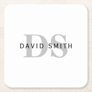 Modern Name & Monogram   White Black & Grey Square Paper Coaster