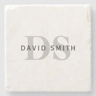 Modern Name & Monogram   White Black & Grey Stone Coaster