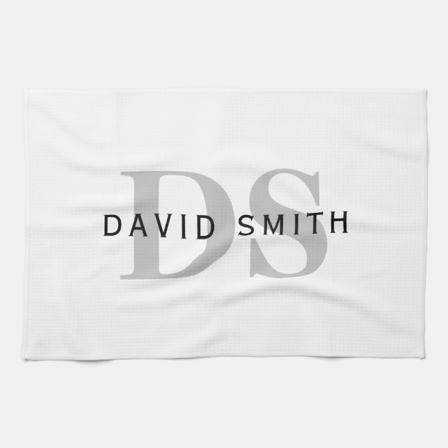 Modern Name & Monogram | White Black & Grey Tea Towel (Horizontal)