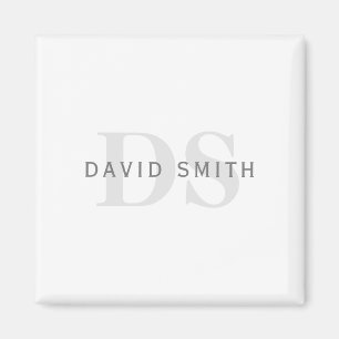 Modern Name & Monogram White, Light & Dark Grey. Magnet
