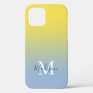 Modern Name Monogram Yellow to Light Blue Gradient iPhone 12 Case