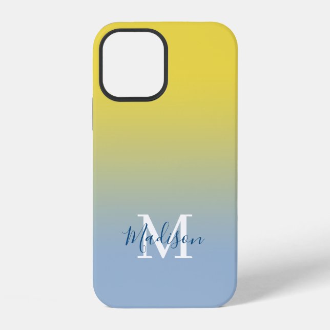 Modern Name Monogram Yellow to Light Blue Gradient iPhone Case (Back)